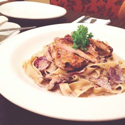 Close-up of meal served on table