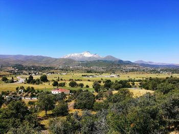 Scenic view of landscape against clear blue sky