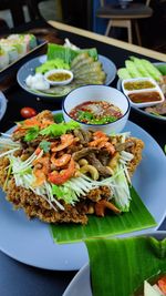 High angle view of meal served on table