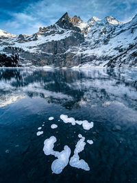 Scenic view of lake and snow covered mountains against sky