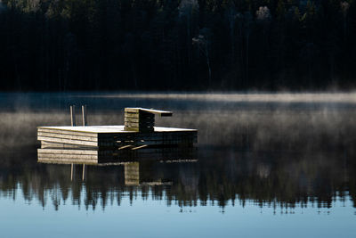 Pier on lake against trees