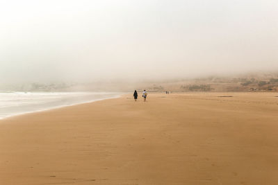 People walking on sand dunes against sky