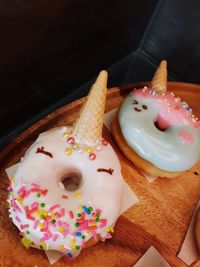 High angle view of dessert on table