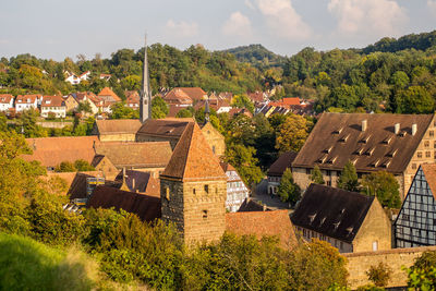 Panoramic view of old houses and buildings against sky
