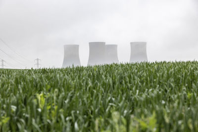 Uk, england, rugeley, large cooling towers during foggy weather with field in foreground