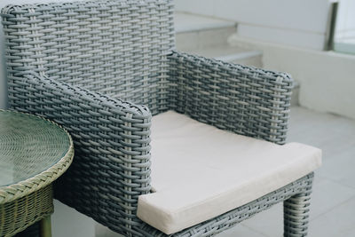 High angle view of empty chairs and table at home