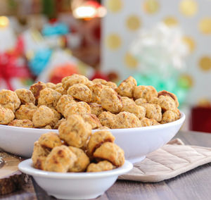 Close-up of cookies in bowl on table