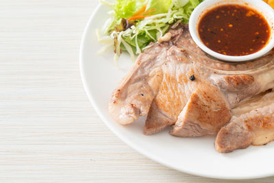 High angle view of food in plate on table