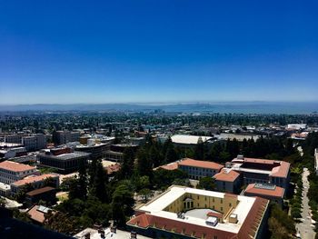 High angle view of buildings against clear blue sky