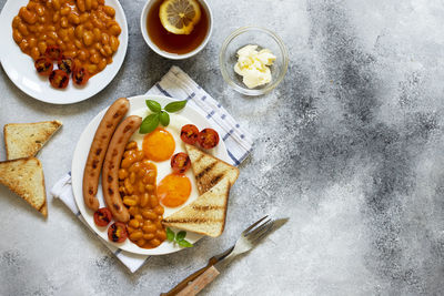 High angle view of breakfast served on table