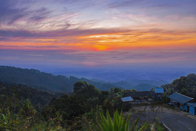 High angle view of townscape against sky during sunset