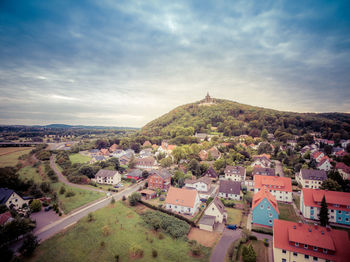 High angle view of town against sky