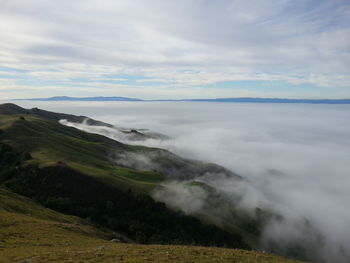 Scenic view of mountains against cloudy sky