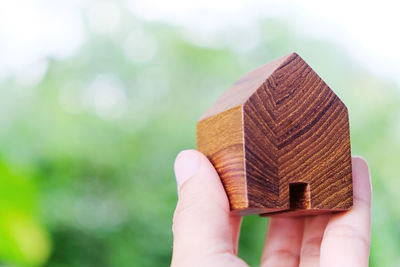 Close-up of hand holding house shaped wood