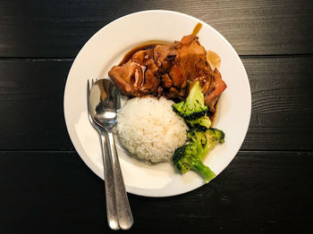 High angle view of food served in plate
