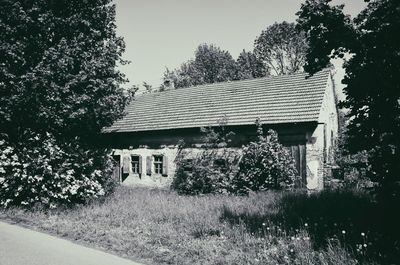 Abandoned building by trees against clear sky