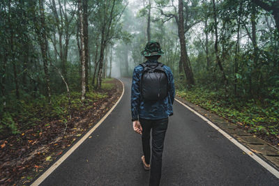 Rear view of man walking on road in forest