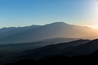 Scenic view of mountains against clear sky during sunset