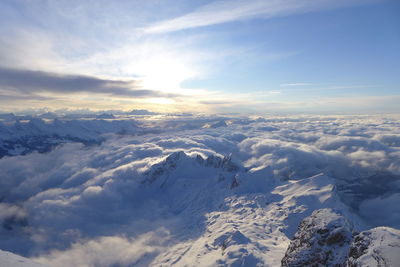 Aerial view of snow covered mountains against sky