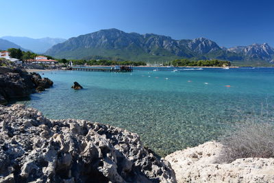 Scenic view of bay against sky