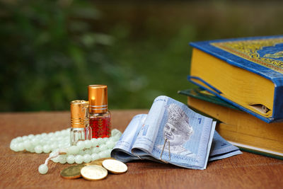 Close-up of beauty products on table