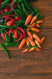 Directly above shot of chili peppers on wooden table