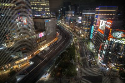 High angle view of city street at night