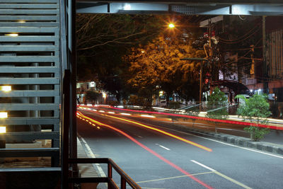 Light trails on road at night