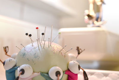 Close-up of illuminated lighting equipment on table