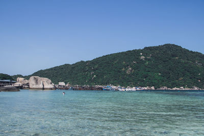 Scenic view of sea against clear blue sky