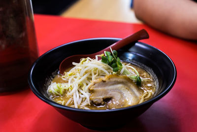 Close-up of soup in bowl on table
