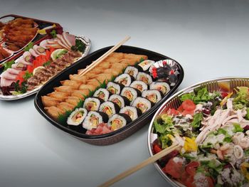 High angle view of sushi in plate on table