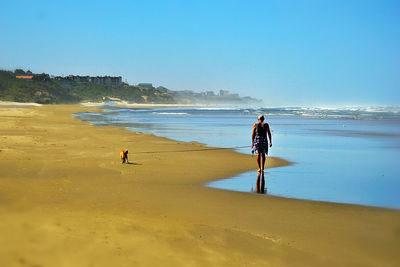 Rear view of man standing on beach against clear sky