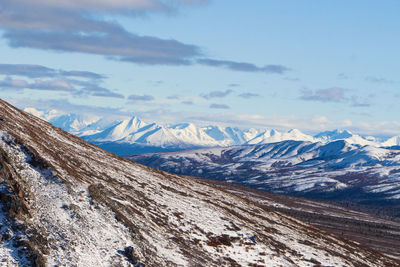 Scenic view of snowcapped mountains against sky