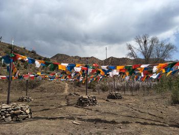 Multi colored flags hanging on land against sky