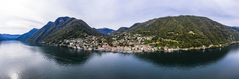 Panoramic view of lake and mountains against sky