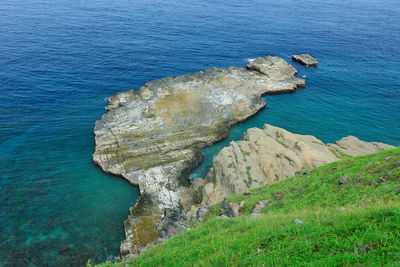 High angle view of rock by sea