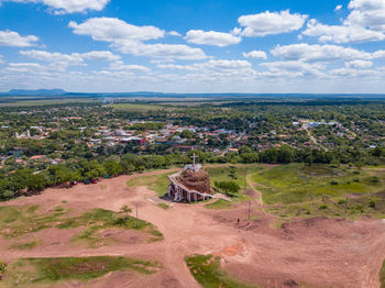 High angle view of buildings against sky