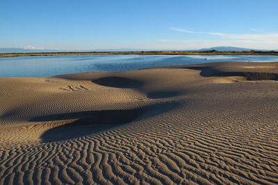 Lake with sand dunes against a blue sky in summer, sunny day