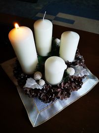 High angle view of candles on table