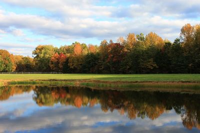 Scenic view of lake by trees against sky