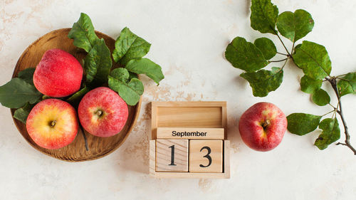 High angle view of apples on table