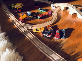 High angle view of toy car on table