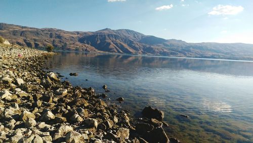 Scenic view of lake and mountains against sky