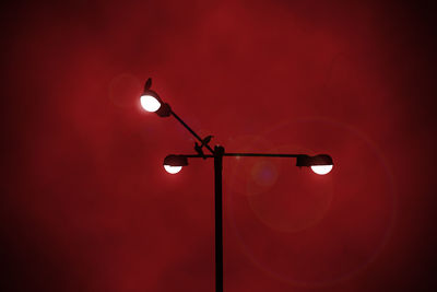 Low angle view of birds perching on illuminated street light against sky at night