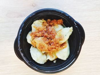 High angle view of food in plate on table