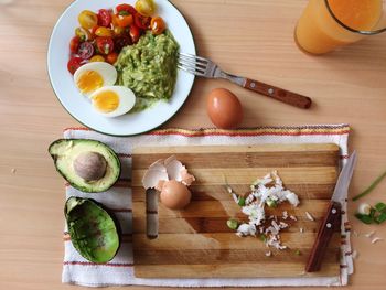 High angle view of breakfast served on table