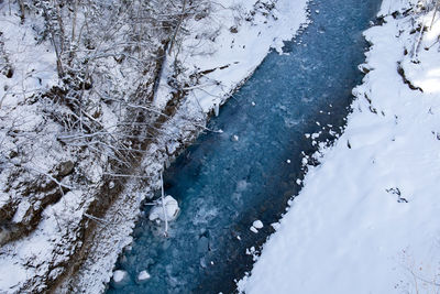 High angle view of frozen water on land