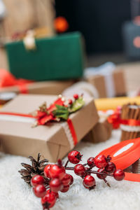 Close-up of christmas decorations on table