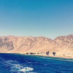 Scenic view of sea against clear blue sky